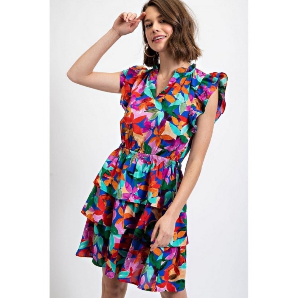 Colorful Floral Dress with elastic waist and tiered Skirt